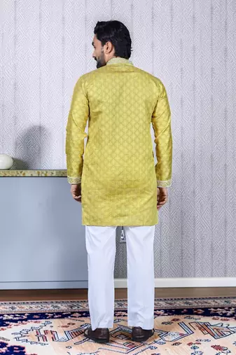 Yellow embroidered silk straight men kurta