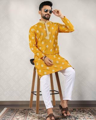 Yellow cotton silk embroidered straight men kurta 3