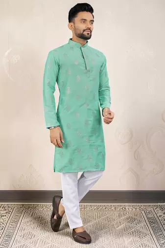 Sea green silk embroidered straight men kurta