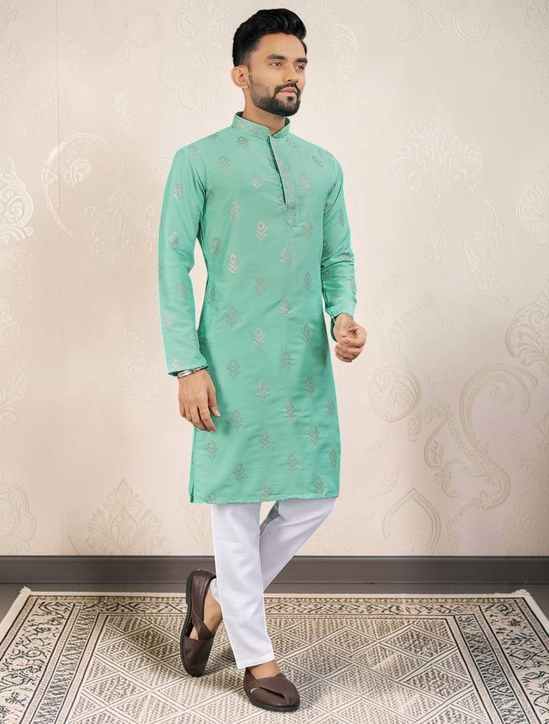 Sea green silk embroidered straight men kurta