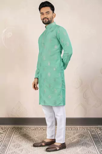 Sea green silk embroidered straight men kurta
