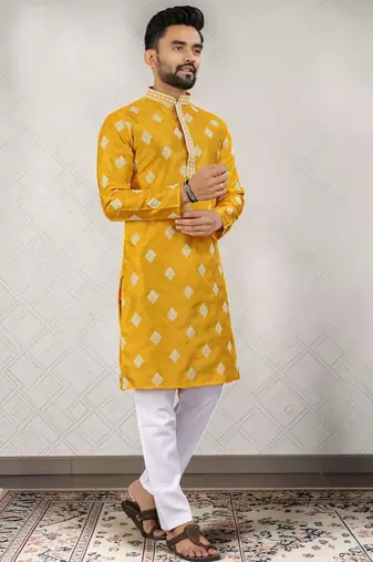 Yellow cotton silk embroidered straight men kurta