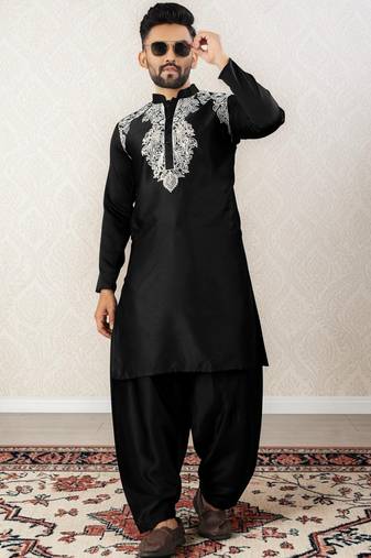 Black embroidered satin silk straight men kurta