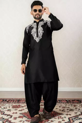 Black embroidered satin silk straight men kurta