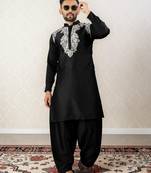 Black embroidered satin silk straight men kurta