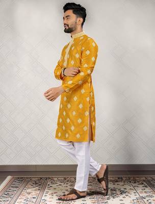 Yellow cotton silk embroidered straight men kurta 5
