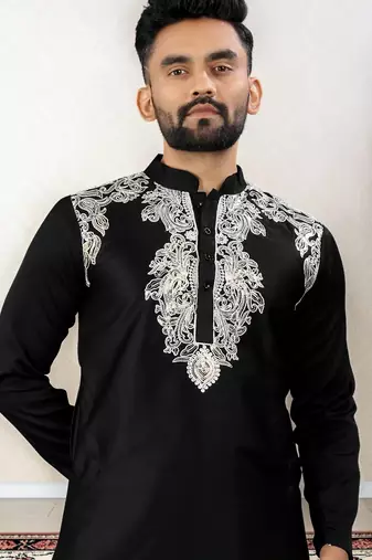 Black embroidered satin silk straight men kurta