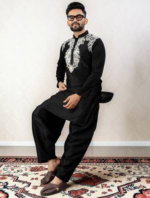 Black embroidered satin silk straight men kurta 3