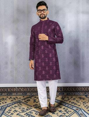 Purple silk sequence embroidered men kurta 1