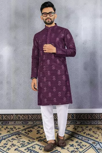 Purple silk sequence embroidered men kurta