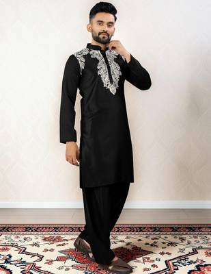 Black embroidered satin silk straight men kurta 4