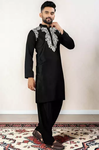 Black embroidered satin silk straight men kurta