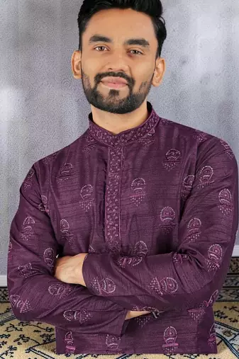 Purple silk sequence embroidered men kurta