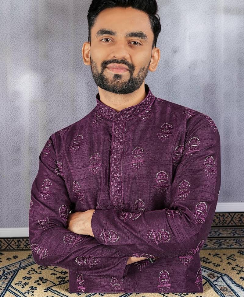 Purple silk sequence embroidered men kurta