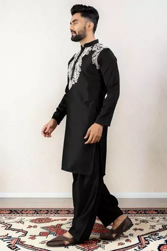 Black embroidered satin silk straight men kurta