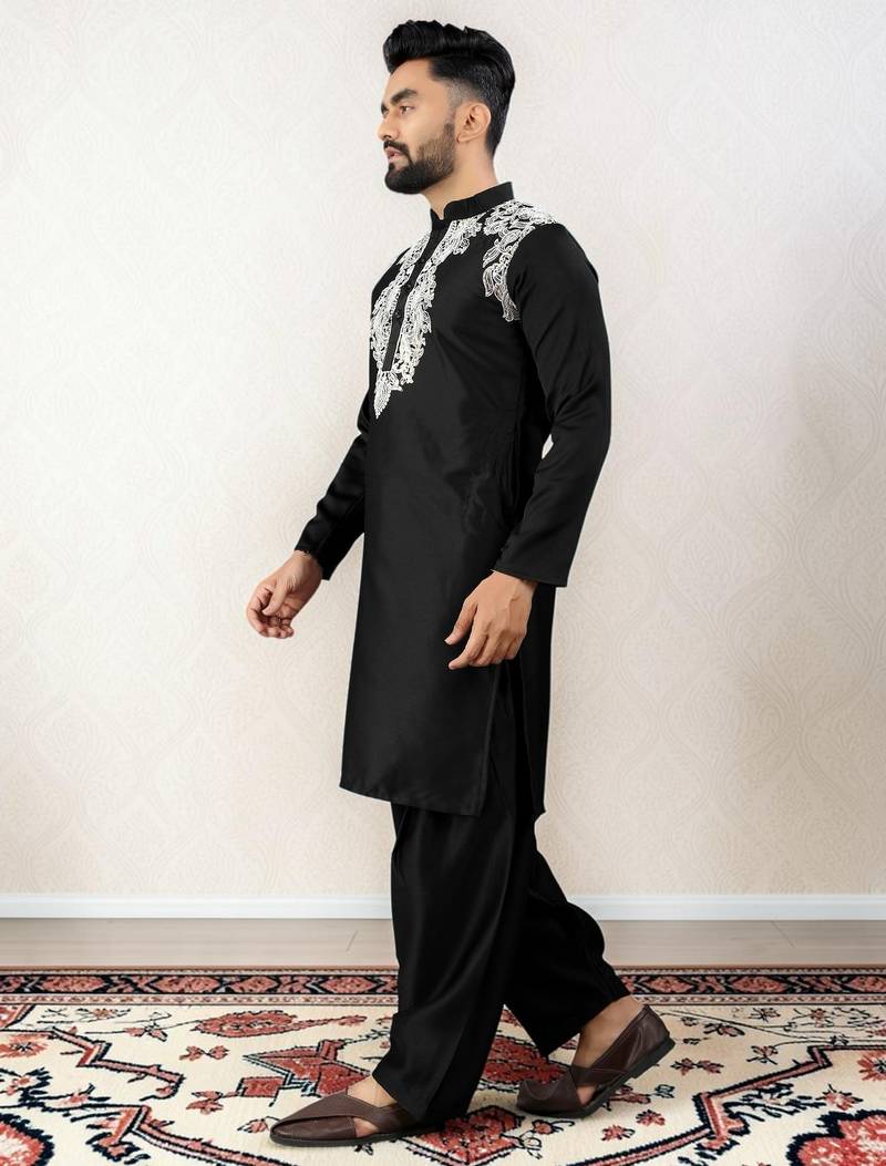 Black embroidered satin silk straight men kurta