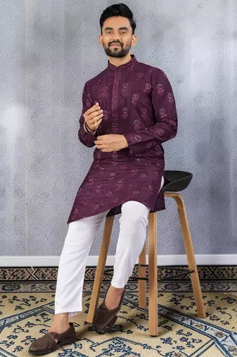 Purple silk sequence embroidered men kurta