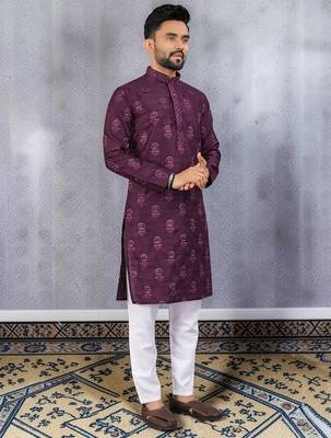 Purple silk sequence embroidered men kurta 4