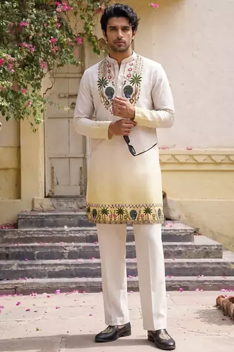 Multicolor stone work printed neck  men kurta