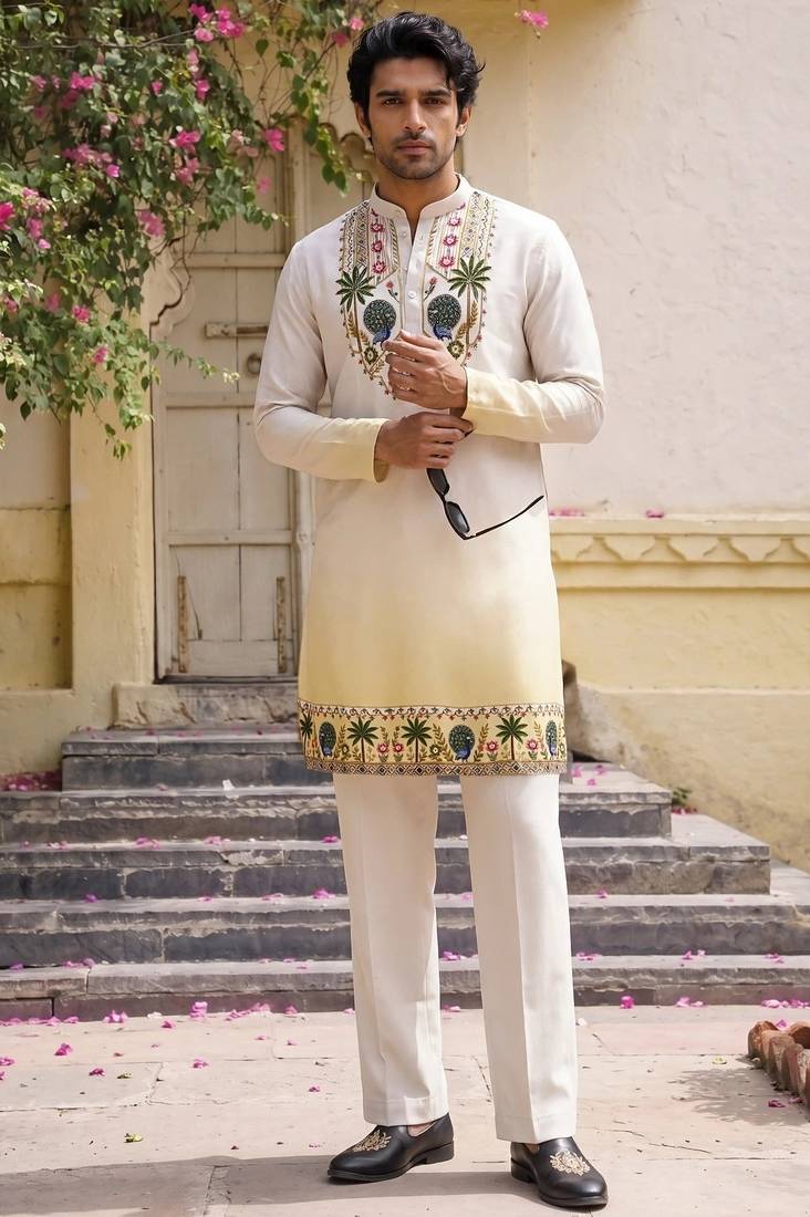 Multicolor stone work printed neck  men kurta