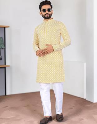 Yellow chikankari embroidered art silk straight men kurta 1