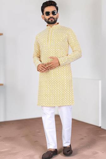 Yellow chikankari embroidered art silk straight men kurta