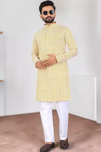 Yellow chikankari embroidered art silk straight men kurta