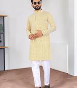Yellow chikankari embroidered art silk straight men kurta