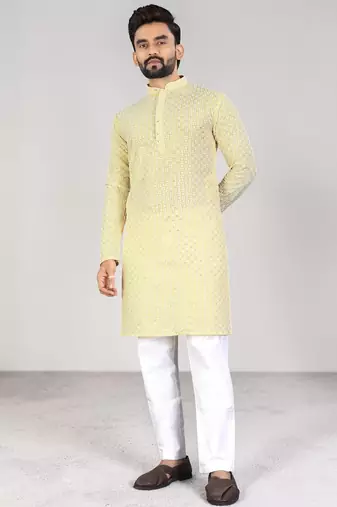 Yellow chikankari embroidered art silk straight men kurta