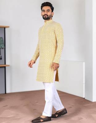 Yellow chikankari embroidered art silk straight men kurta 3