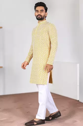 Yellow chikankari embroidered art silk straight men kurta