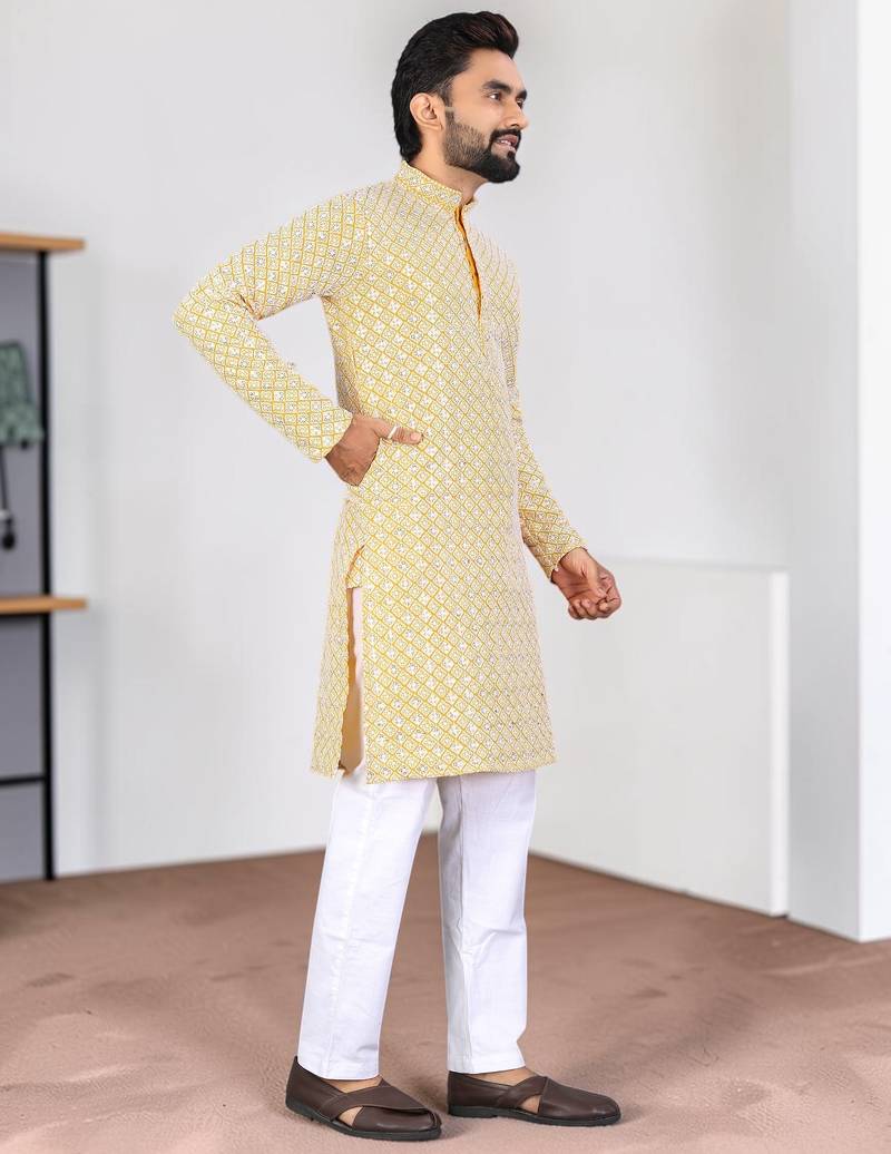 Yellow chikankari embroidered art silk straight men kurta