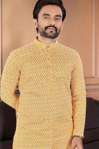 Yellow chikankari embroidered art silk straight men kurta