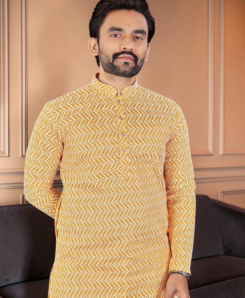 Yellow chikankari embroidered art silk straight men kurta