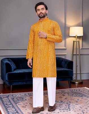 Yellow bandhej printed straight men kurta with foil work 1