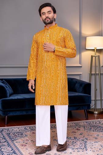 Yellow bandhej printed straight men kurta with foil work