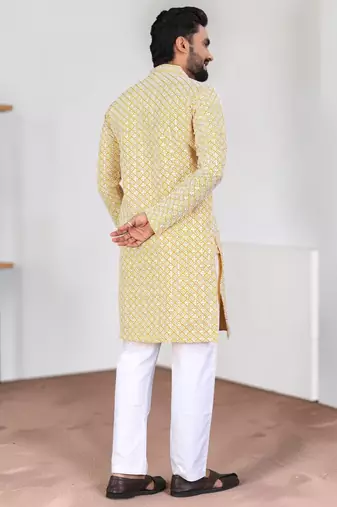 Yellow chikankari embroidered art silk straight men kurta