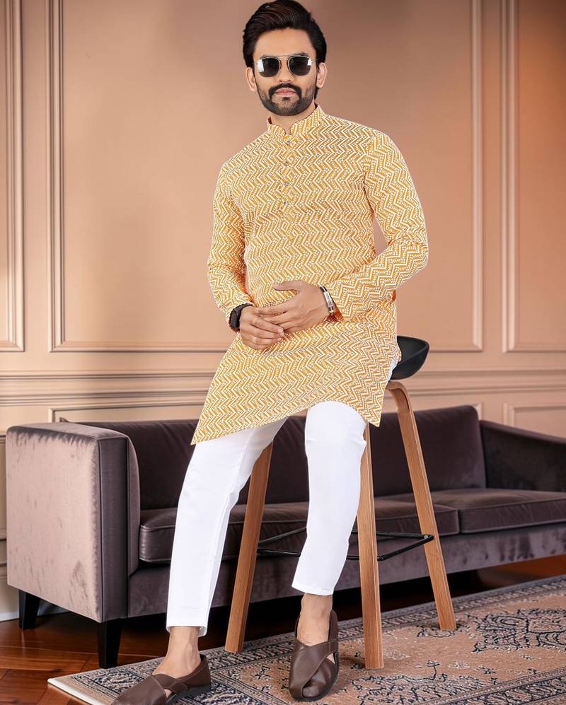 Yellow chikankari embroidered art silk straight men kurta