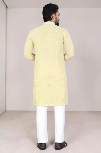 Yellow chikankari embroidered art silk straight men kurta