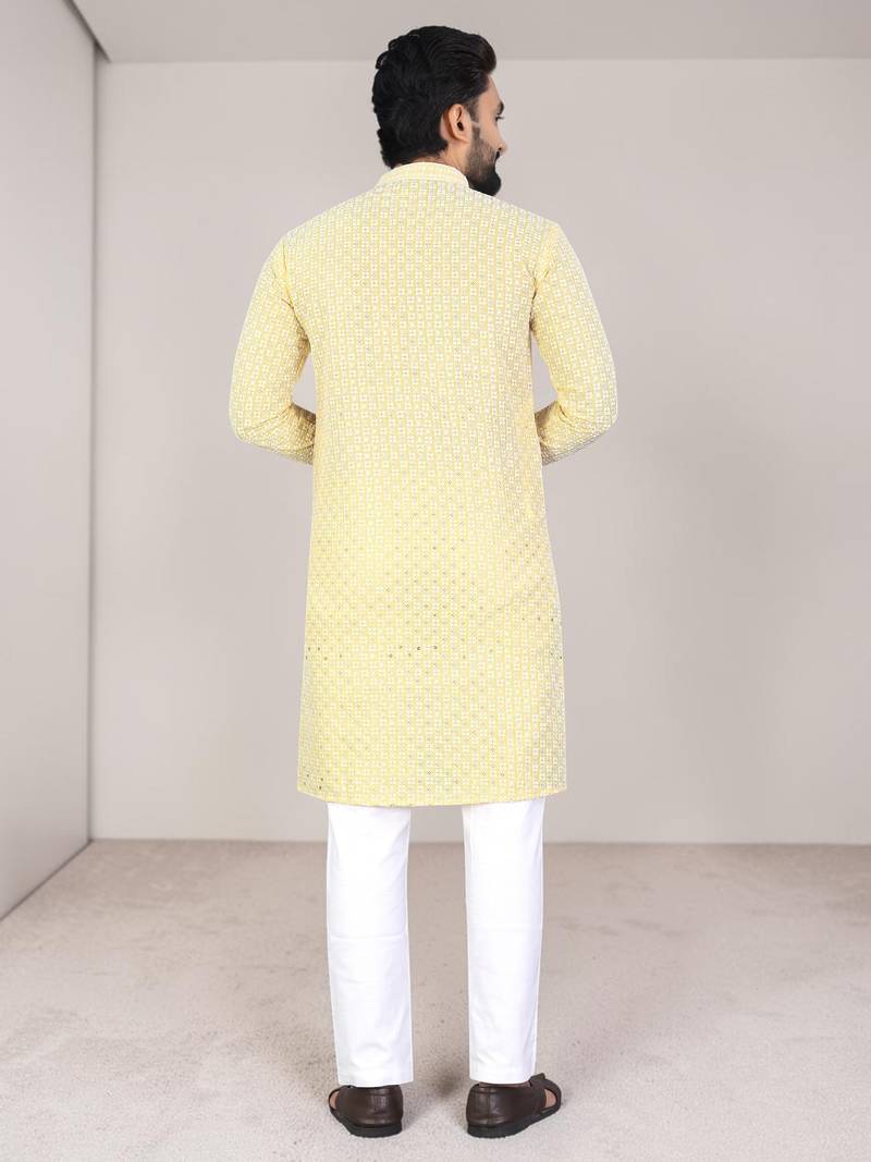 Yellow chikankari embroidered art silk straight men kurta
