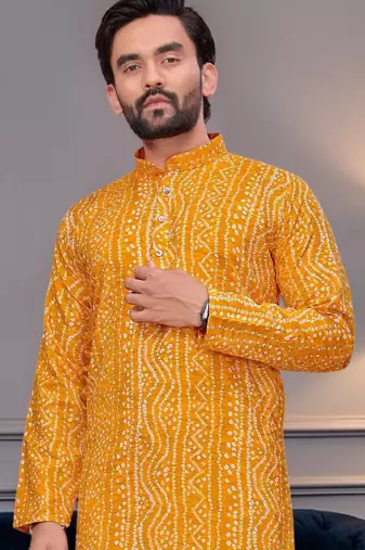 Yellow bandhej printed straight men kurta with foil work