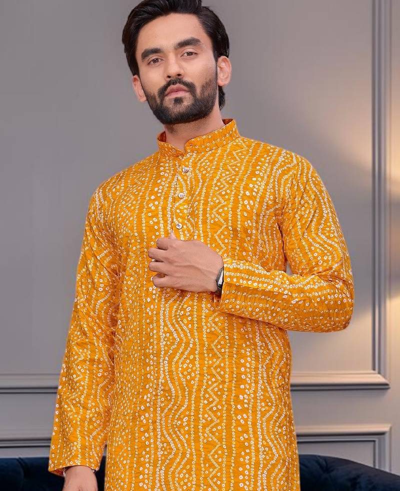 Yellow bandhej printed straight men kurta with foil work