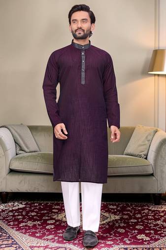 Purple solid linen silk straight men kurta