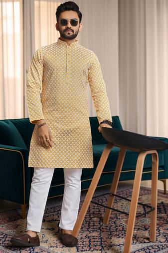 Yellow chikankari embroidered art silk straight men kurta