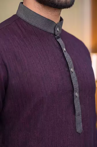 Purple solid linen silk straight men kurta