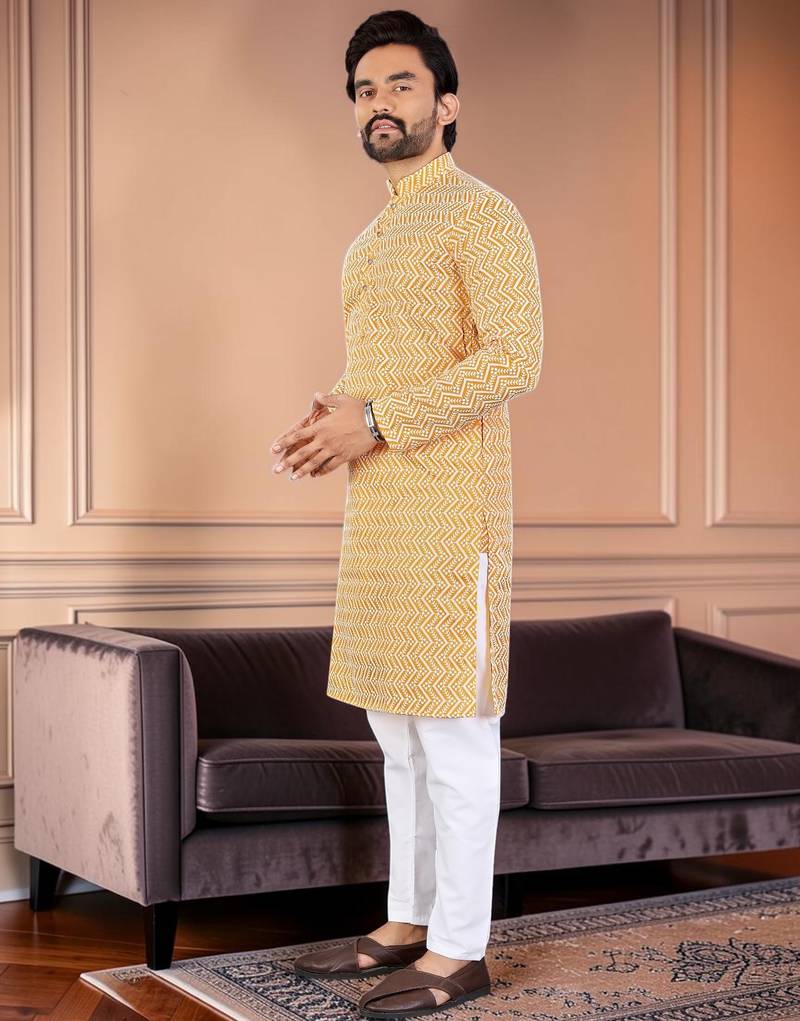 Yellow chikankari embroidered art silk straight men kurta