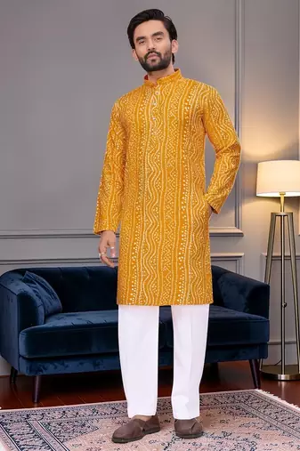 Yellow bandhej printed straight men kurta with foil work