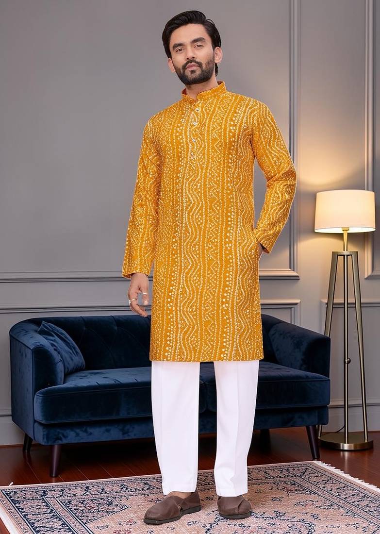 Yellow bandhej printed straight men kurta with foil work
