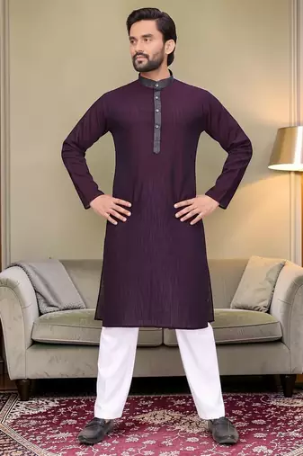 Purple solid linen silk straight men kurta