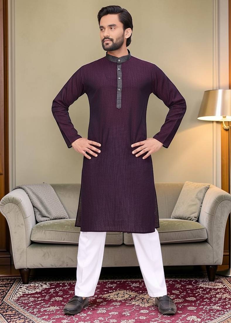 Purple solid linen silk straight men kurta